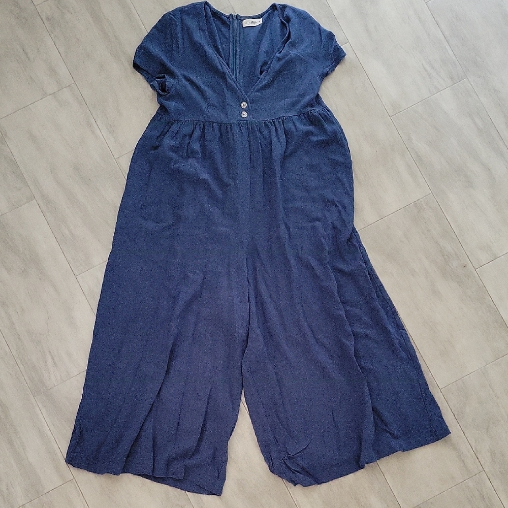 Natural Life Blue Jumpsuit Short Sleeve Wide Leg Short Length Low Cut V-neck Med